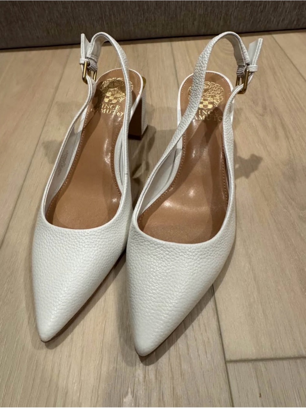Vince Camuto White Pointed-Toe Slingback Block Heel Pumps
